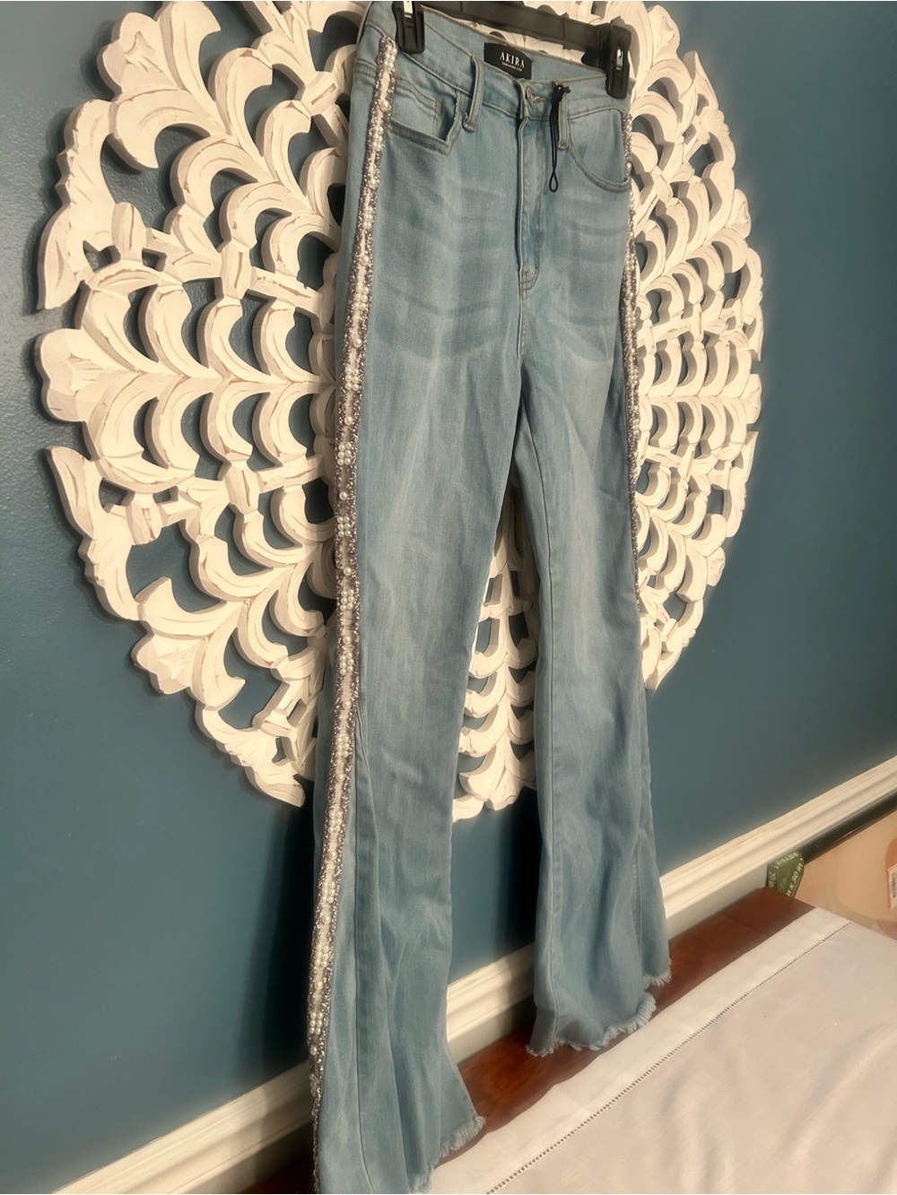 Akira light-wash blue denim flare jeans w/sparkling rhinestone & pearl down side